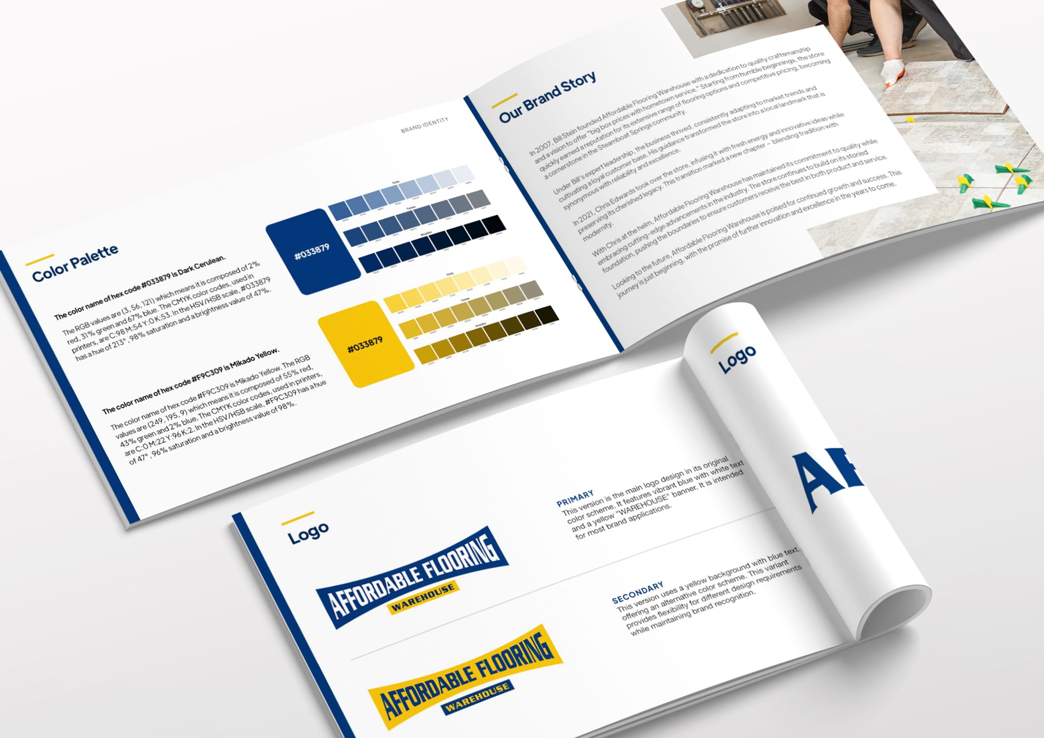 Affordable Flooring Warehouse brand guidelines with blue and yellow color system and identity applications