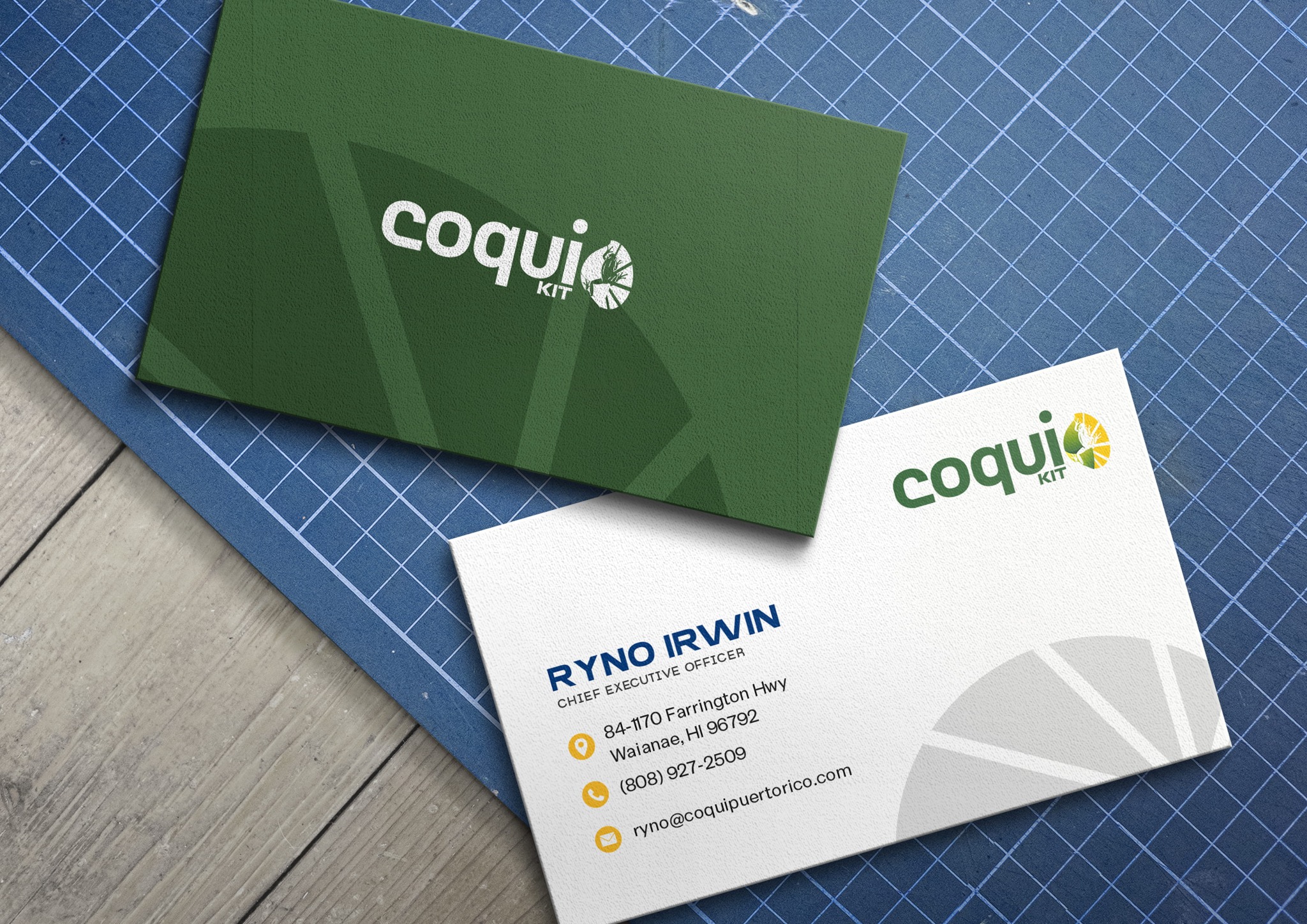 Coqui Kit green and yellow identity applied to business cards