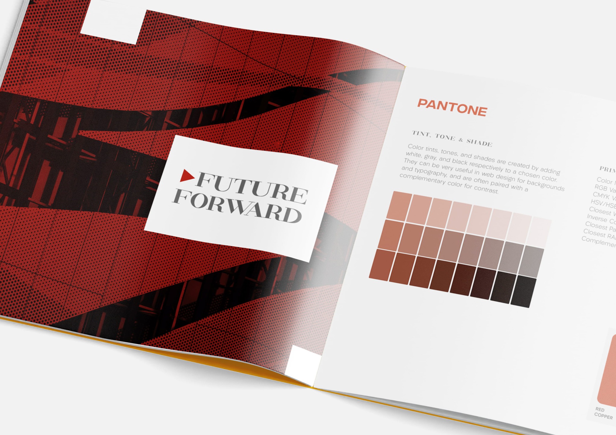 Gerard Ford Unit brand guidelines featuring a red architectural visual system and Future Forward identity