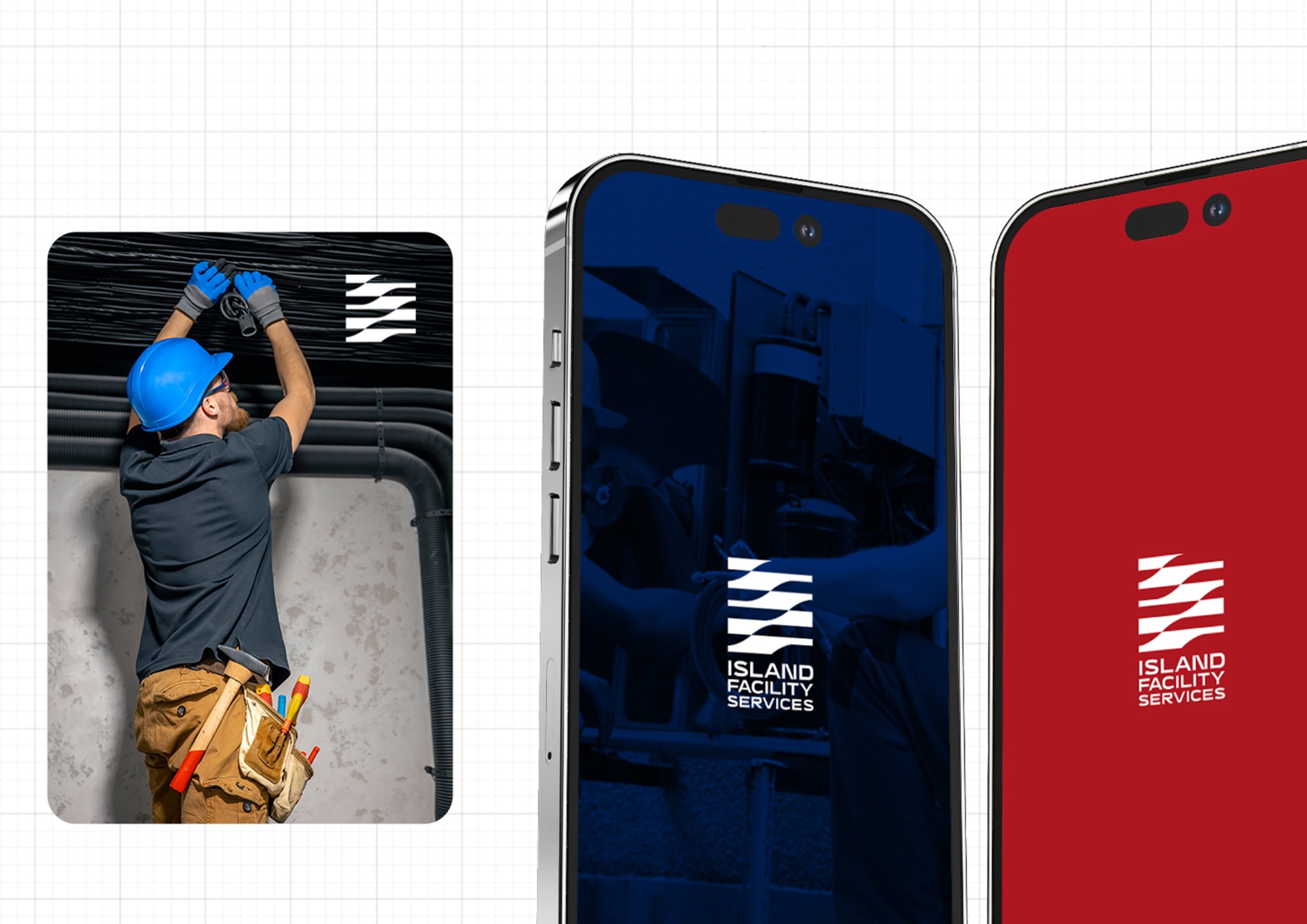 Island Facility Services identity applied to service photography and blue and red mobile screens