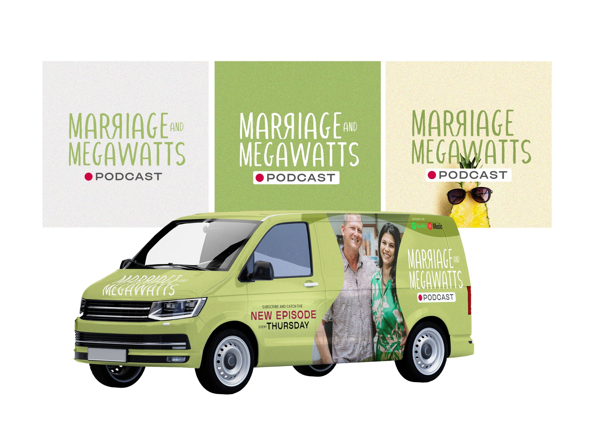 Marriage and Megawatts podcast identity with green campaign graphics and branded vehicle