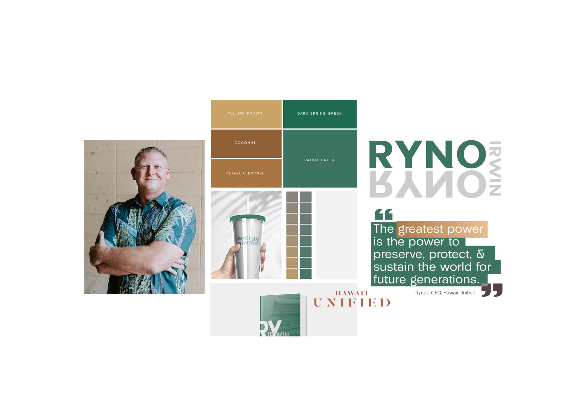Ryno Irwin executive brand moodboard with portrait, green and bronze palette, typography, and branded applications