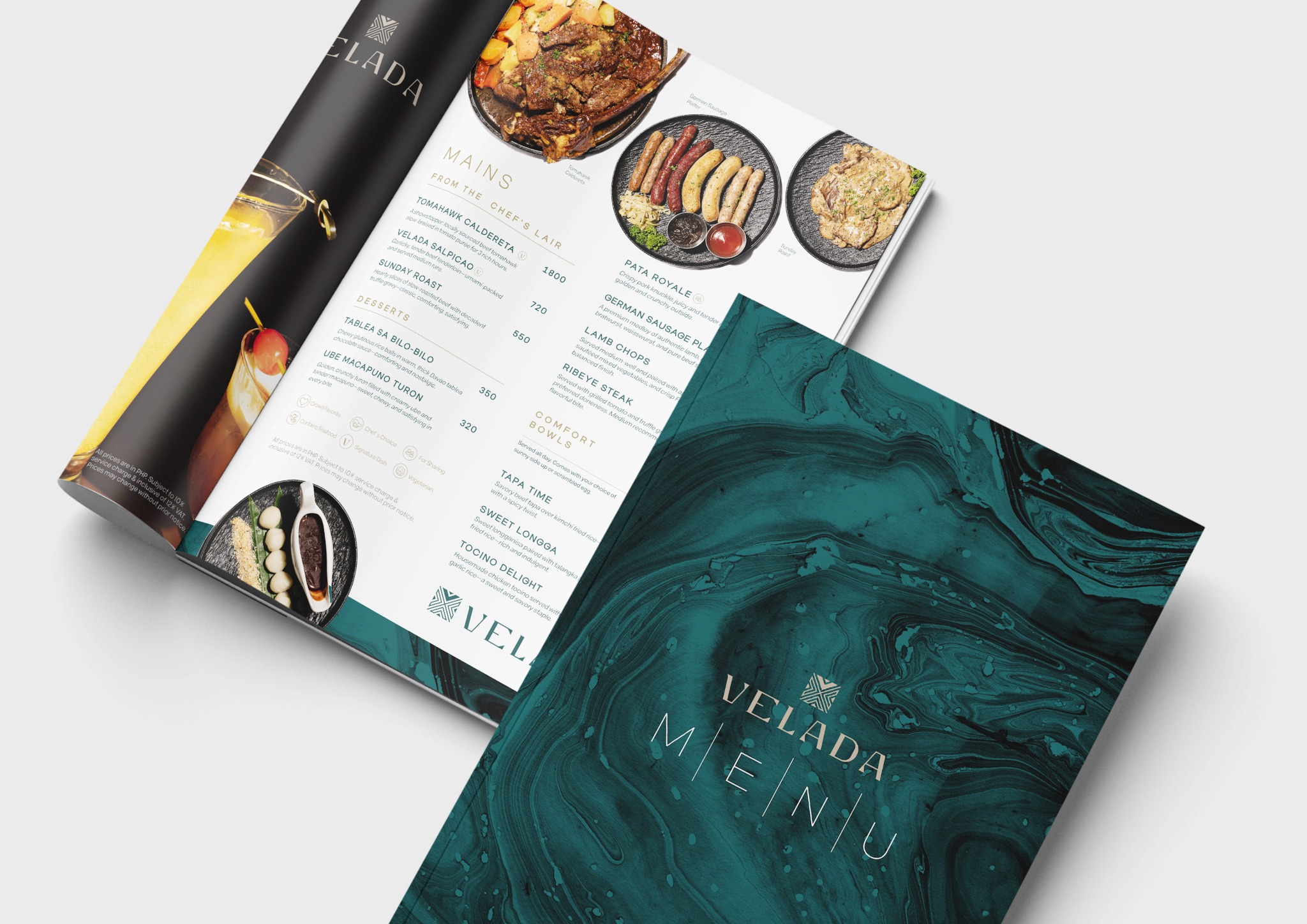 Velada Cocktail Bar menu design with deep teal marbling, refined typography, and food photography